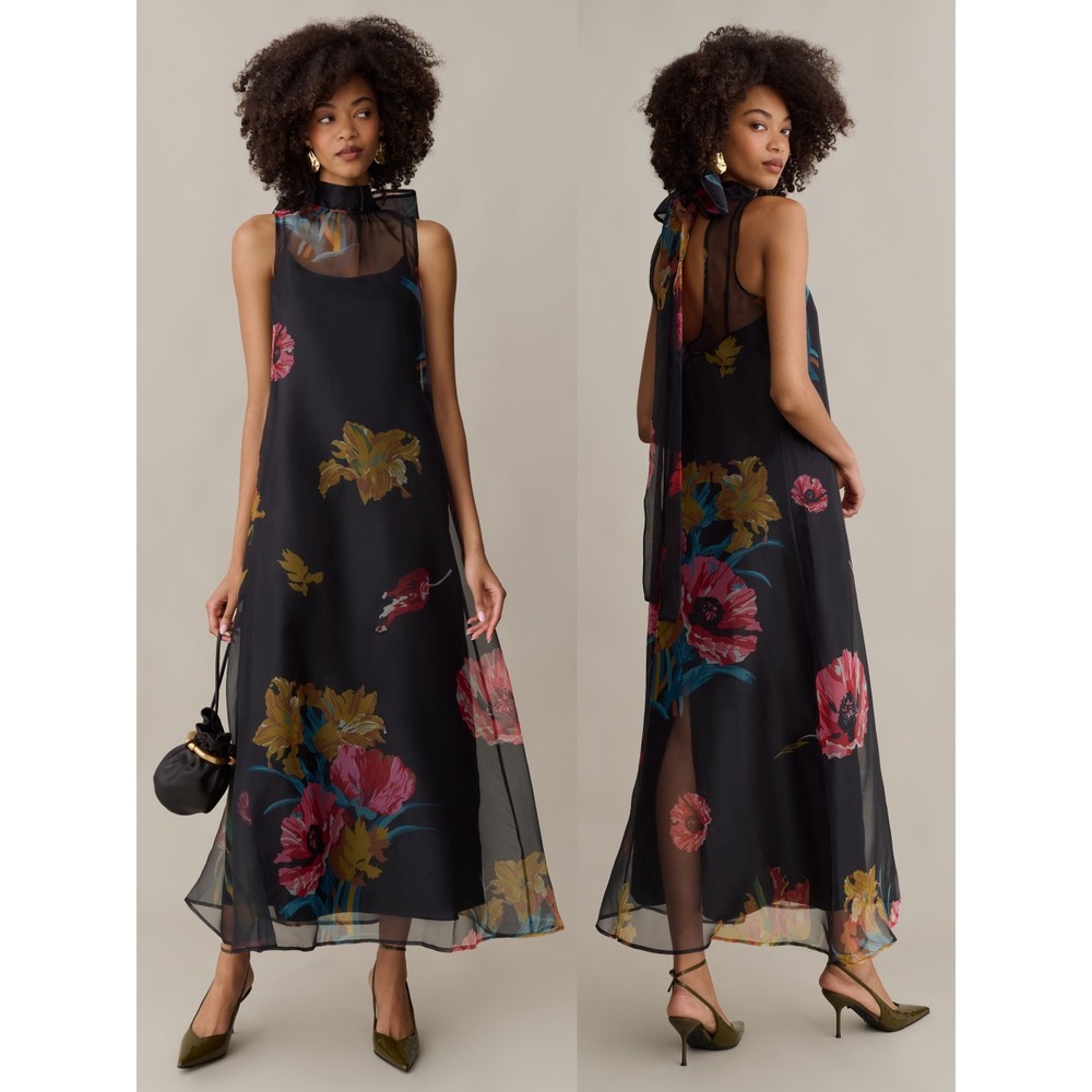 NWT CAARA Alette Floral Halter Tie Neck Maxi Dress in Tulip Garden - Size XS